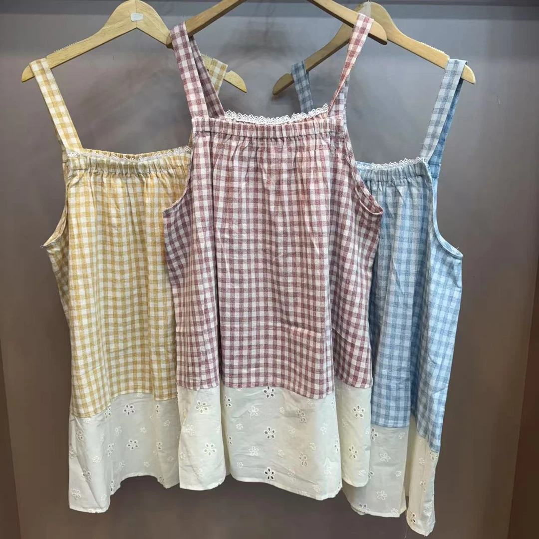 S8712 时尚小清新格子蕾丝拼接吊带