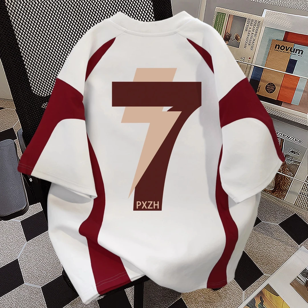 加肥加大码300斤美式街头数字印花短袖t恤男夏季重磅纯棉拼接上衣