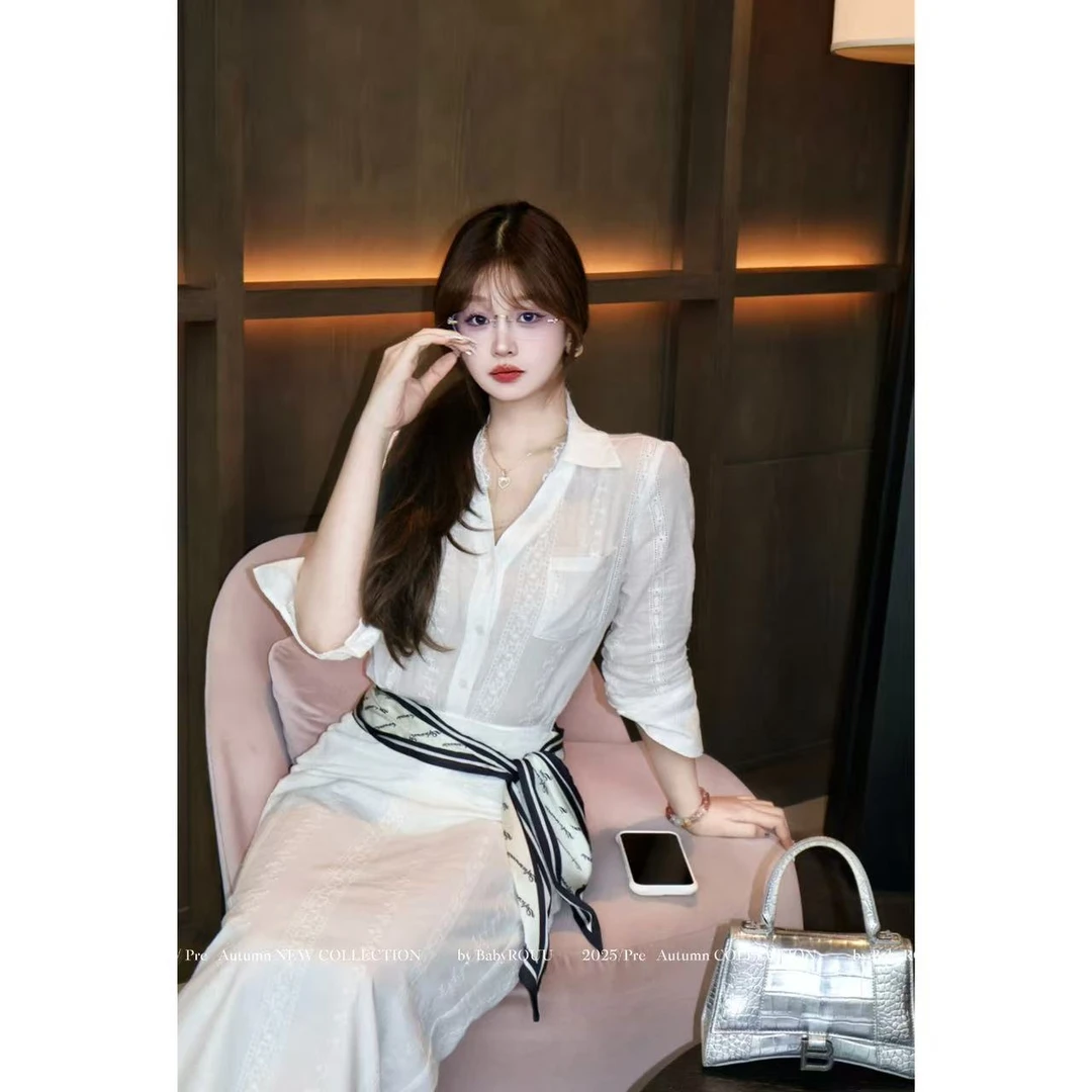 【现货】【清冷月光】温与柔ins韩风气质套装高级感蕾丝绑带长袖半裙