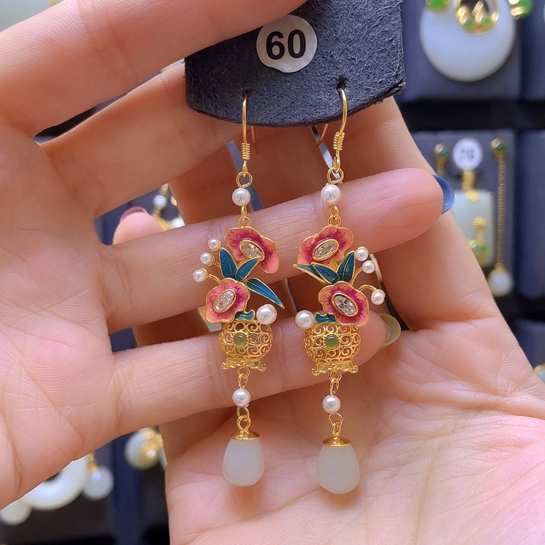 和田玉银S925镀金镶嵌耳饰