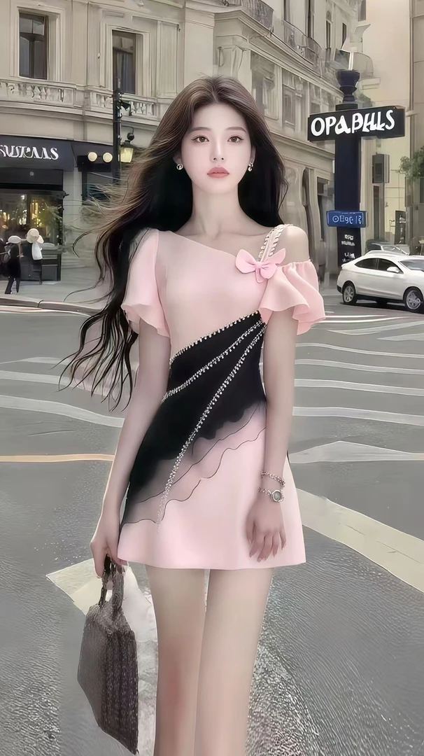 夏季新款时尚温柔风粉色斜领修身收腰短袖气质连衣裙女氛围感女装