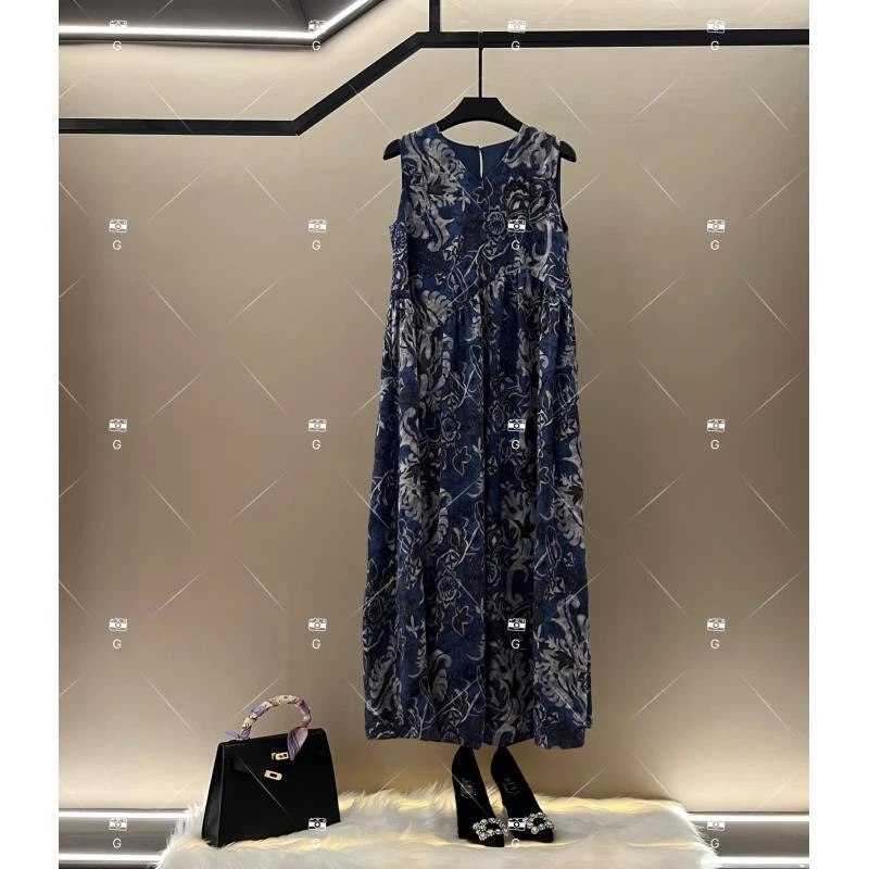 【L姐】夏季新款复古时尚百搭印花无袖连衣裙 H-778