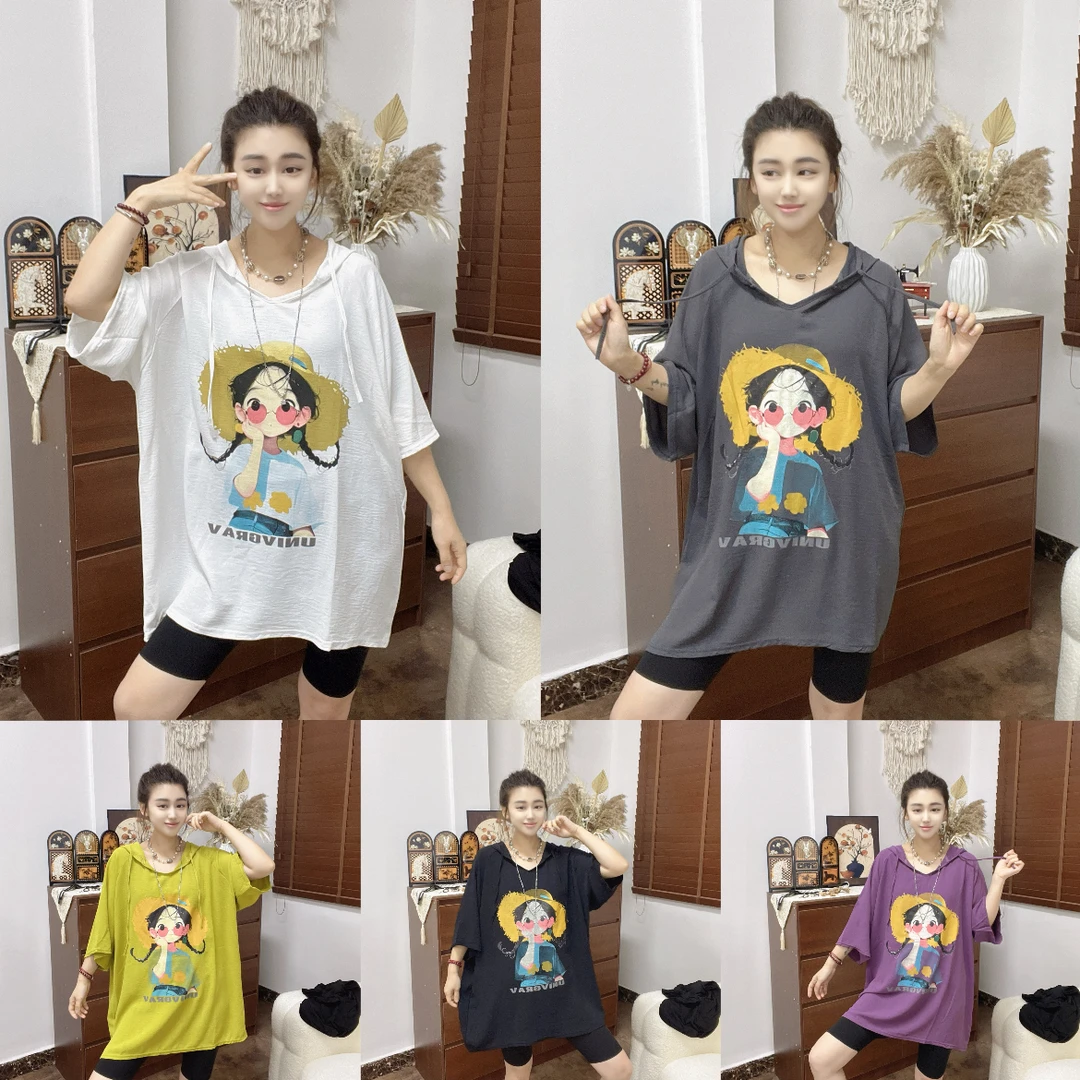 LU/鹿儿Y0556时尚大版宽松百搭简约休闲夏季印花新款短袖连帽上衣