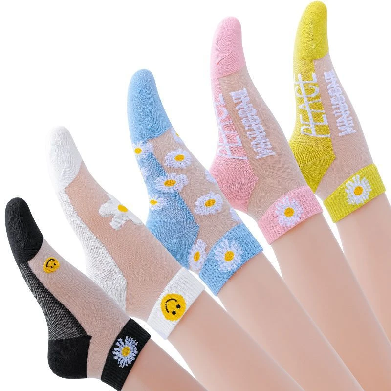 小雏菊女士袜子夏季短袜ins潮透气超薄款玻璃冰丝光水晶透明船袜