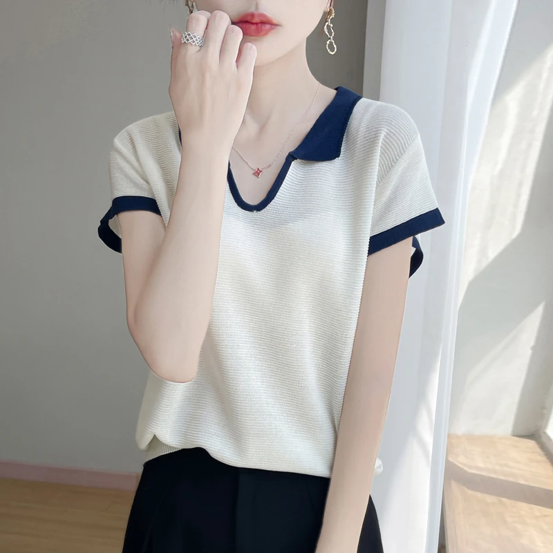 莱赛尔天丝POLO领拼色针织衫减龄时尚翻领T桖百搭夏季上衣032