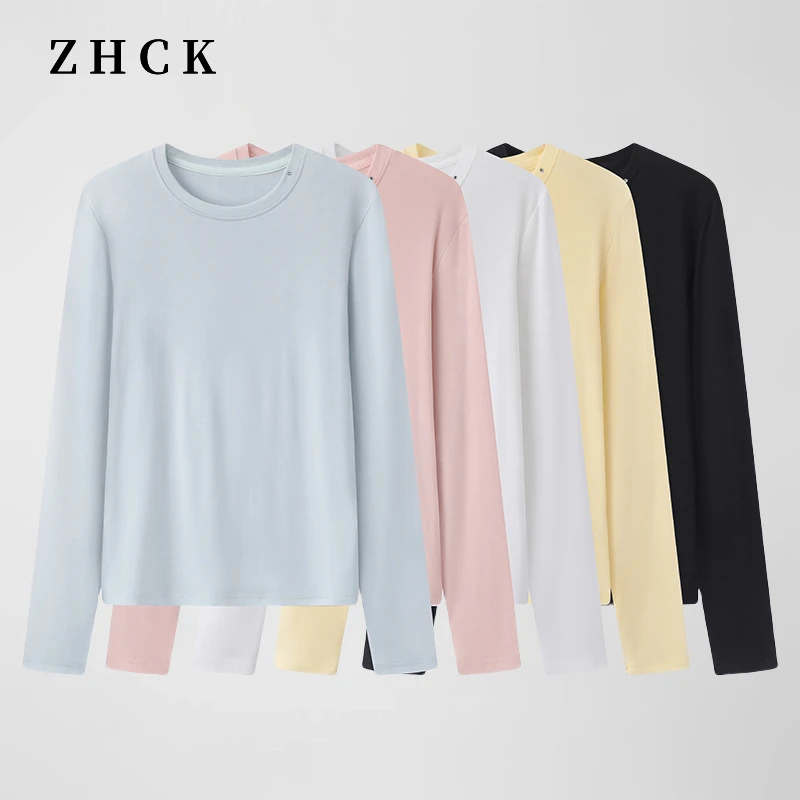 ZHCK长袖圆领T恤衬衫女2025新款时尚百搭显瘦宽松纯色上衣