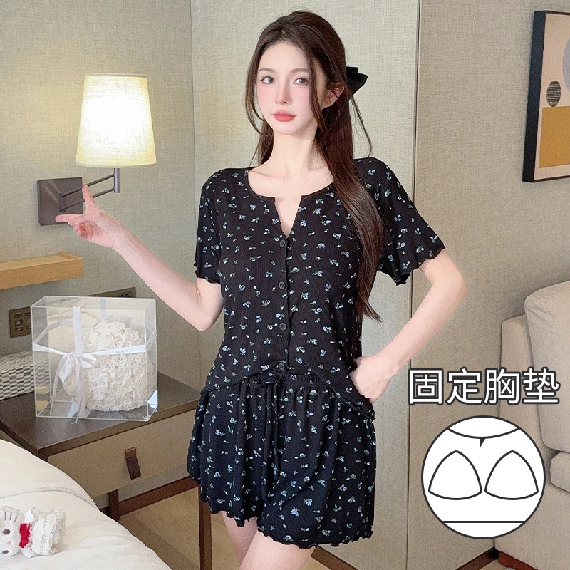 2025新款夏天莫代尔带胸垫睡衣女夏季短袖短裤甜美碎花家居服套装