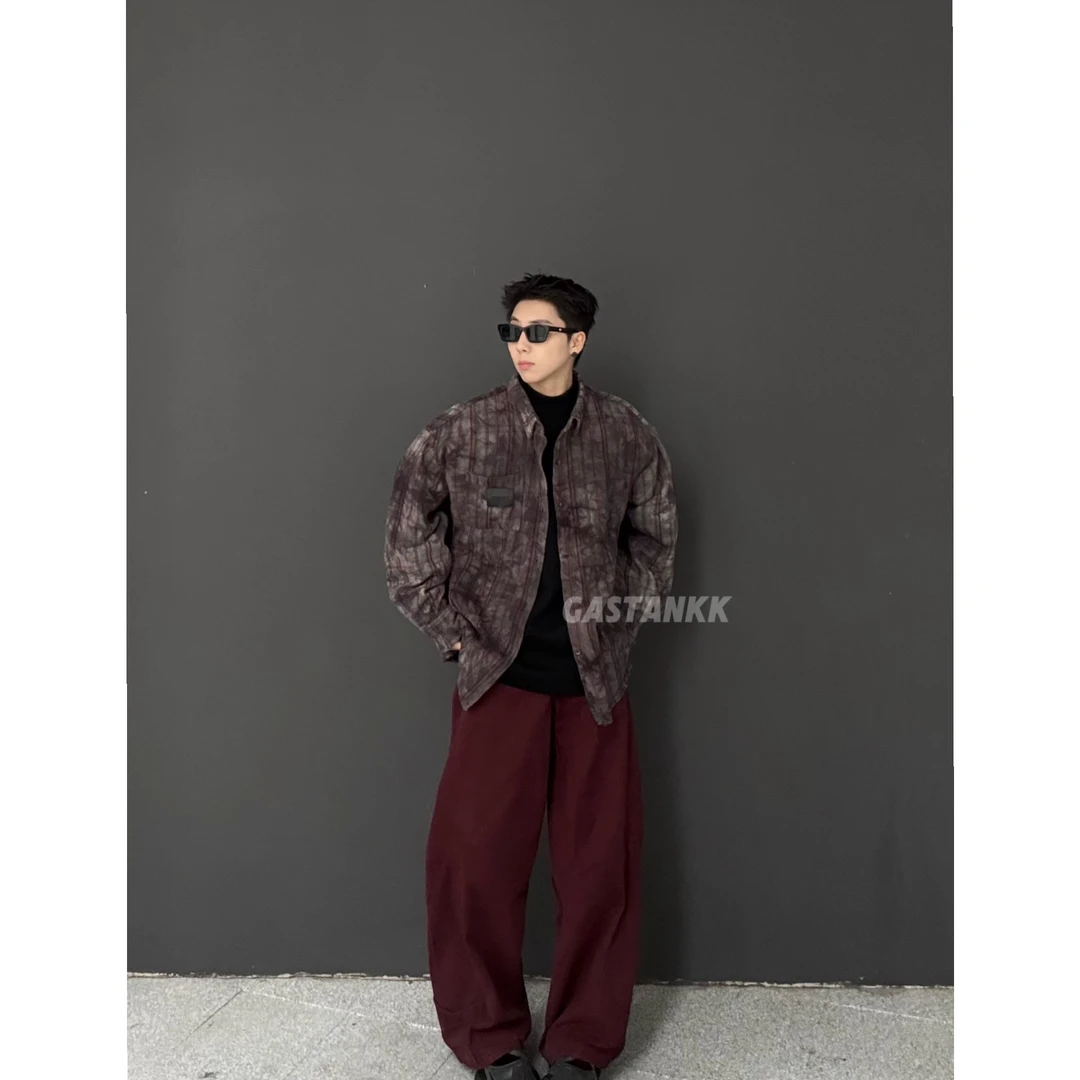 GASTANKK 美式复古高定做旧水洗磨毛扎染流苏格子衬衫