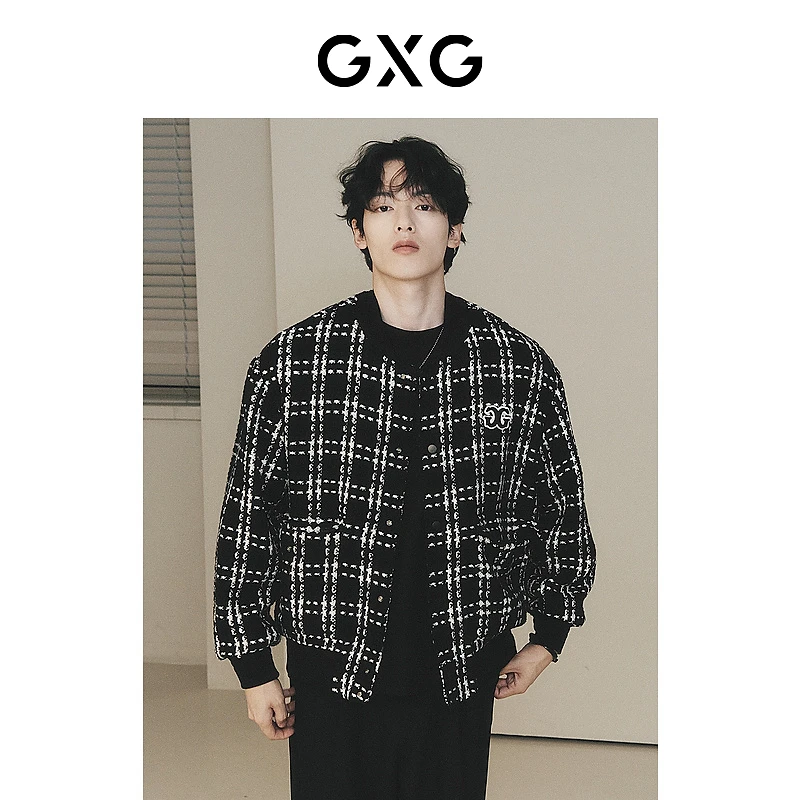 GXG男装 小香风夹克宽松秋冬格纹毛呢外套休闲男外套#GED12124673