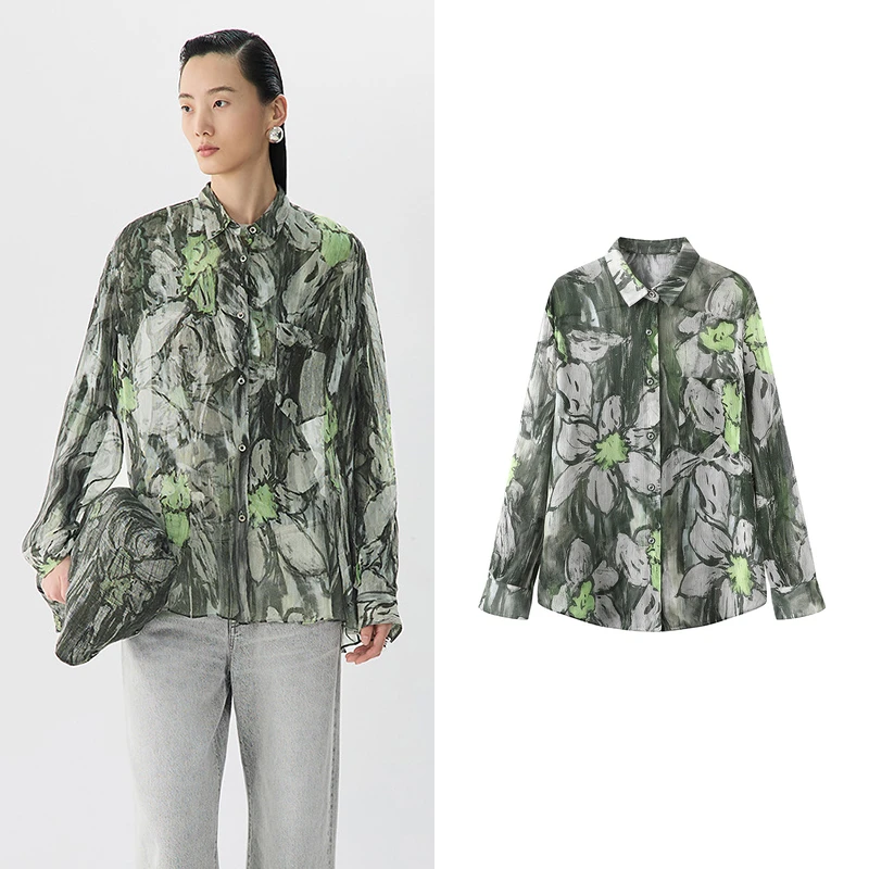【JN】2025年春新品衬衫宽松休闲时尚水仙花图案上衣J5276
