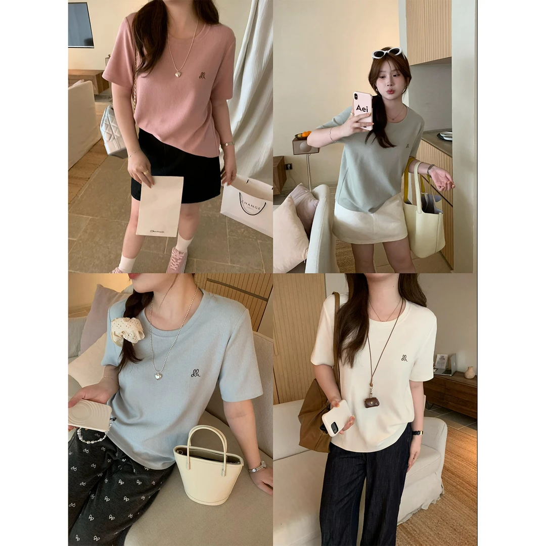 现货大婉酱微胖定制韩版短袖t恤女春季圆领毛织百搭显瘦上衣6748D