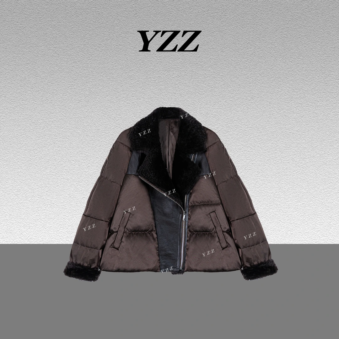 YZZ“咖啡”真丝拼接拉贡皮毛白鹅绒保暖羽绒服 680433