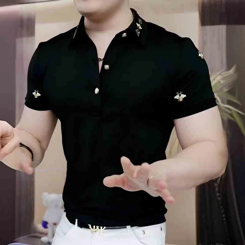 欧版短袖T恤男士夏季新款休闲翻领打底衫痞帅高端刺绣蜜蜂POLO衫