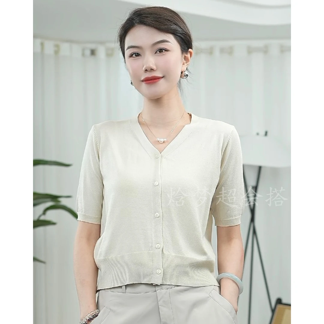 【焓梦专属】春夏冰丝针织衫上衣女短袖韩版V领开衫短款小外套女