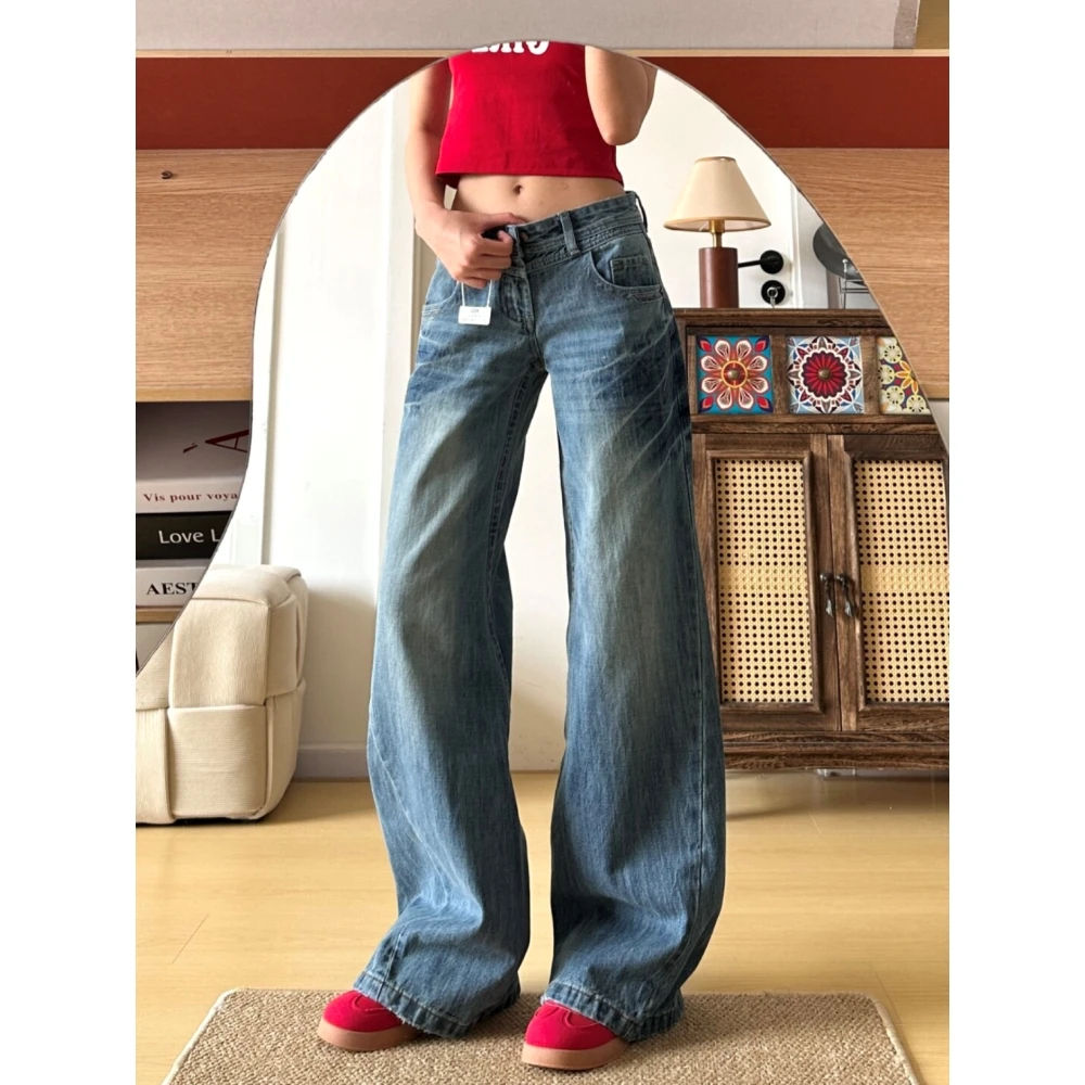 复古美式深蓝色喇叭牛仔裤低腰显高百搭闪电水洗蓝显瘦垂感拖地裤