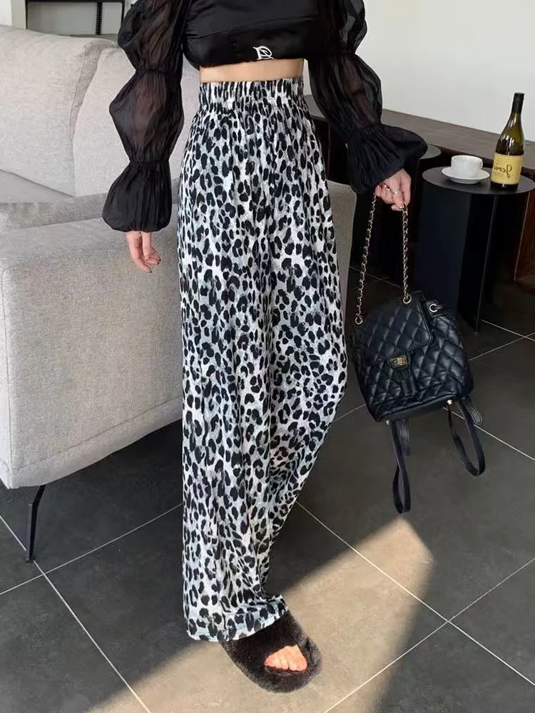 豹纹冰丝阔腿裤女夏季薄款直筒垂感休闲裤高腰显瘦百搭凉凉拖地裤
