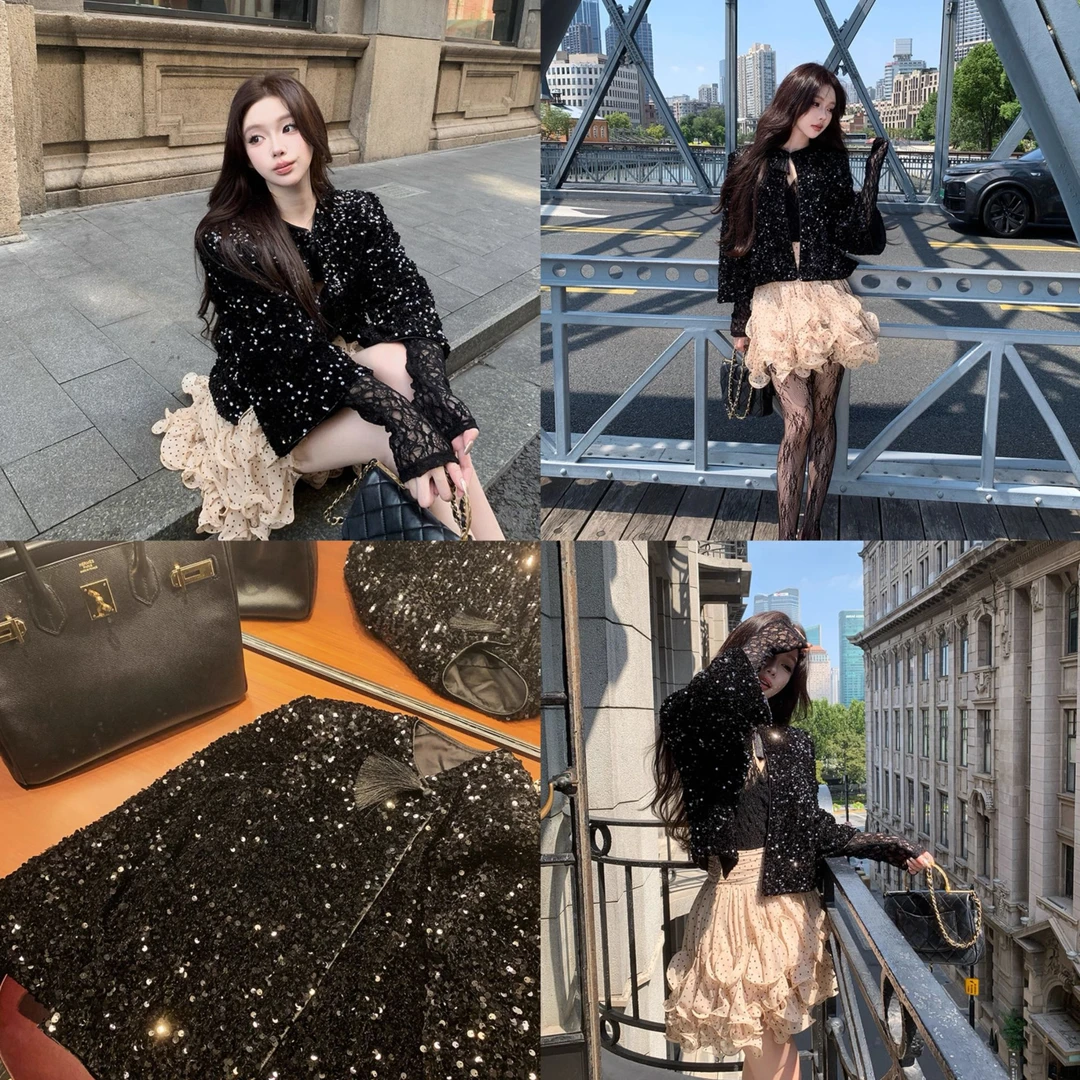 幻彩美人鱼亮片小香上衣+蕾丝打底衫+重工收腰层次感波点半身裙