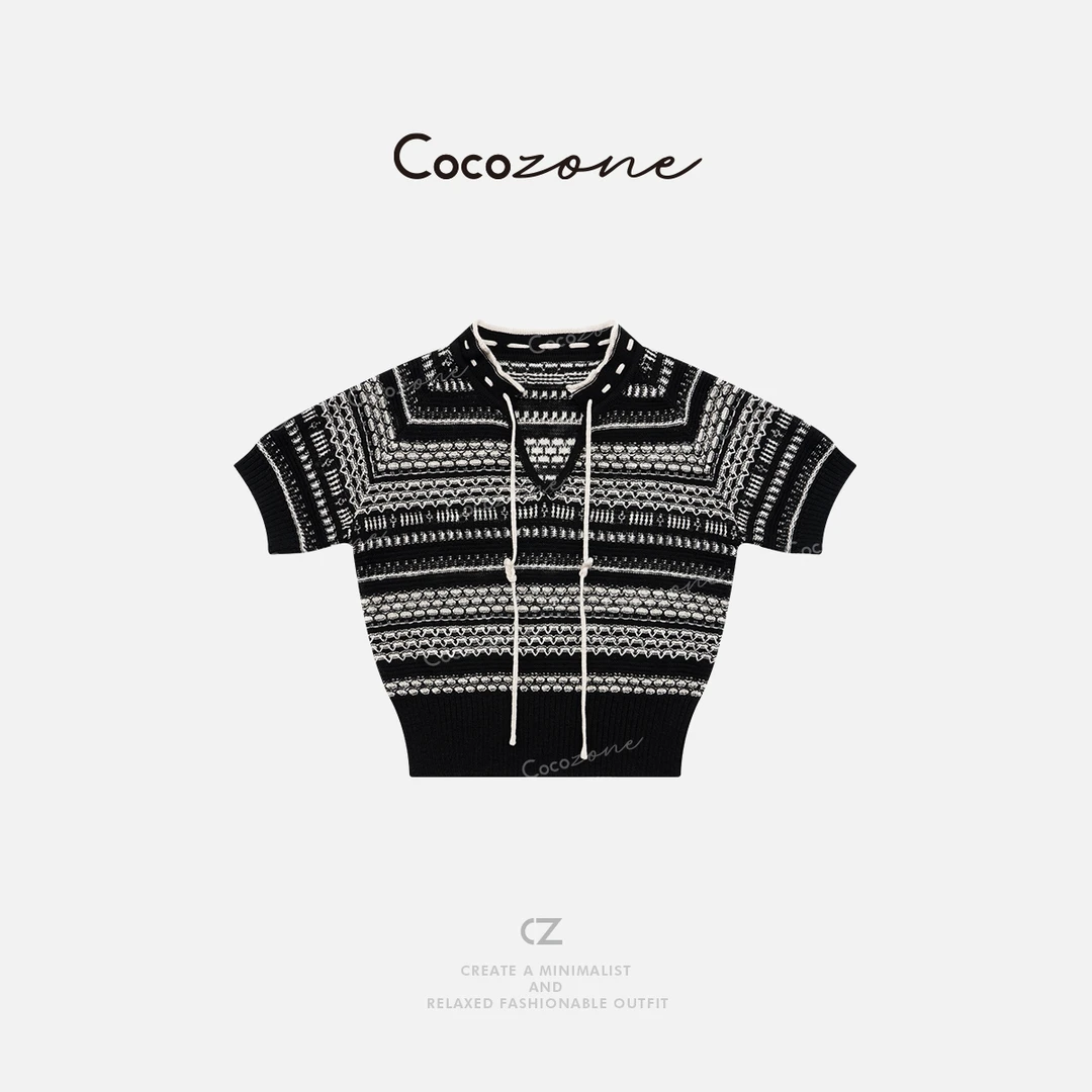 COCO ZONE刘一一  V领系带套头复古风显瘦撞色毛针织衫 CD1A0679