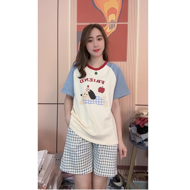 睡衣女夏季新款纯棉短袖短裤休闲可外穿家居服套装（蓝格苹果狗）