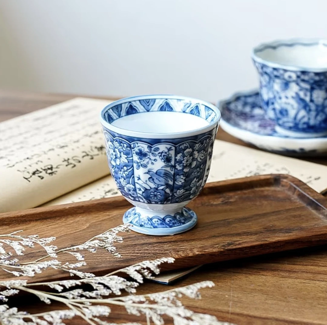 日本进口花凛 染付更纱 高台手握杯龙峰茶杯手绘家用陶瓷主人杯