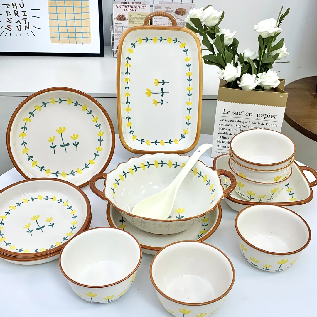 【c玫瑰皇后】14件套碗盘组合米饭碗耐高温陶瓷釉下彩餐具可微波炉