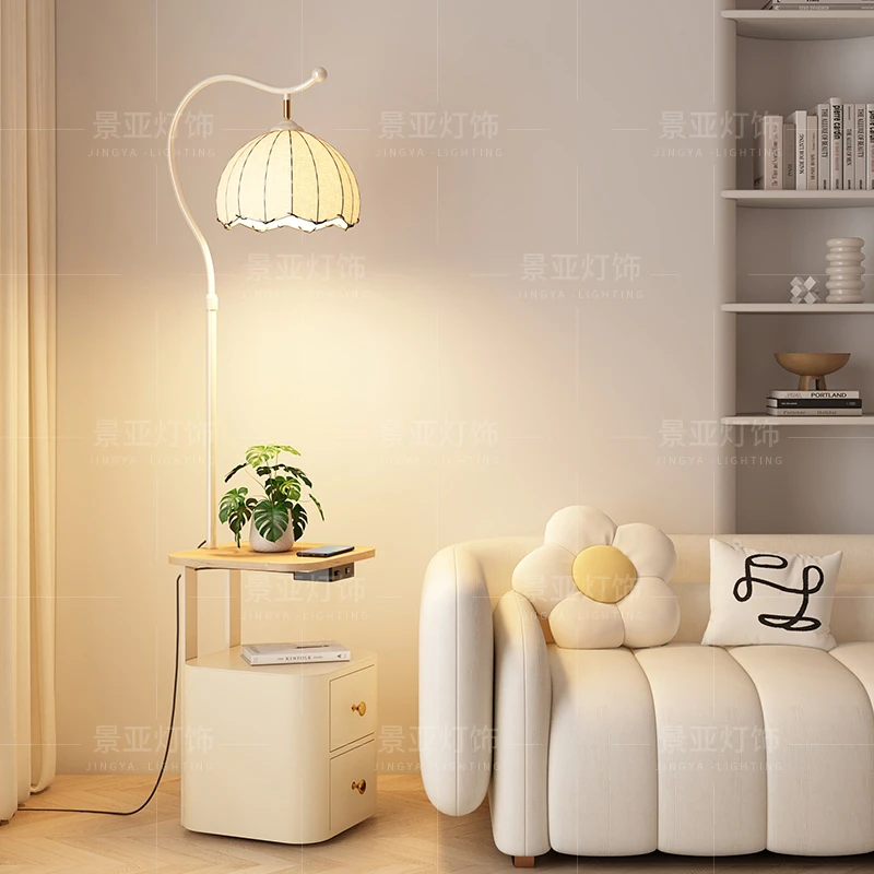 奶油风床头柜落地灯客厅实木高级感卧室立式台灯带抽屉置物架一体