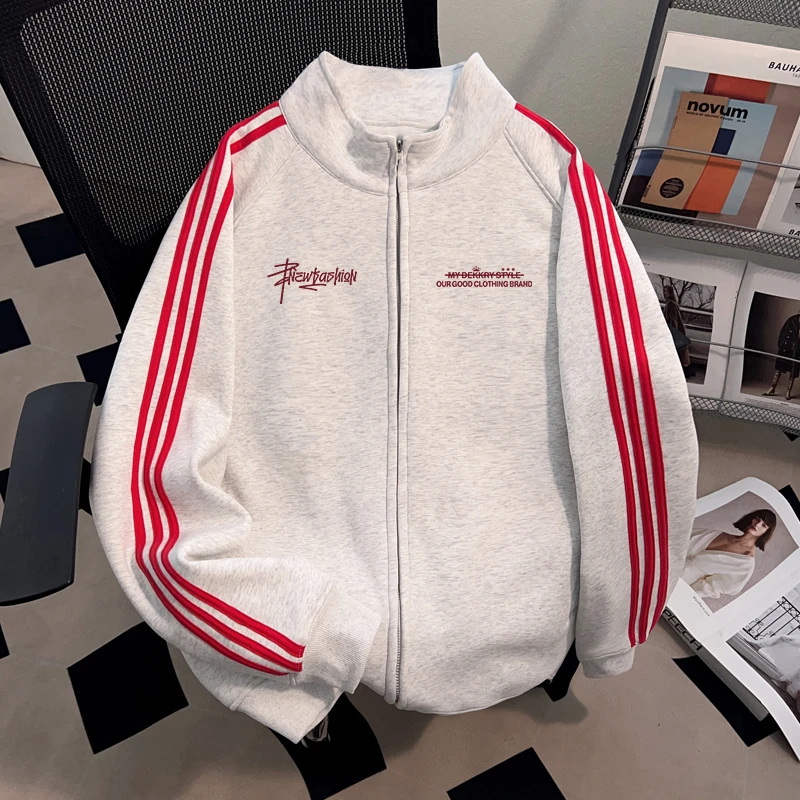 Dekkry潮流创意字母印花秋冬流行立领卫衣开衫三条杠男女百搭外套