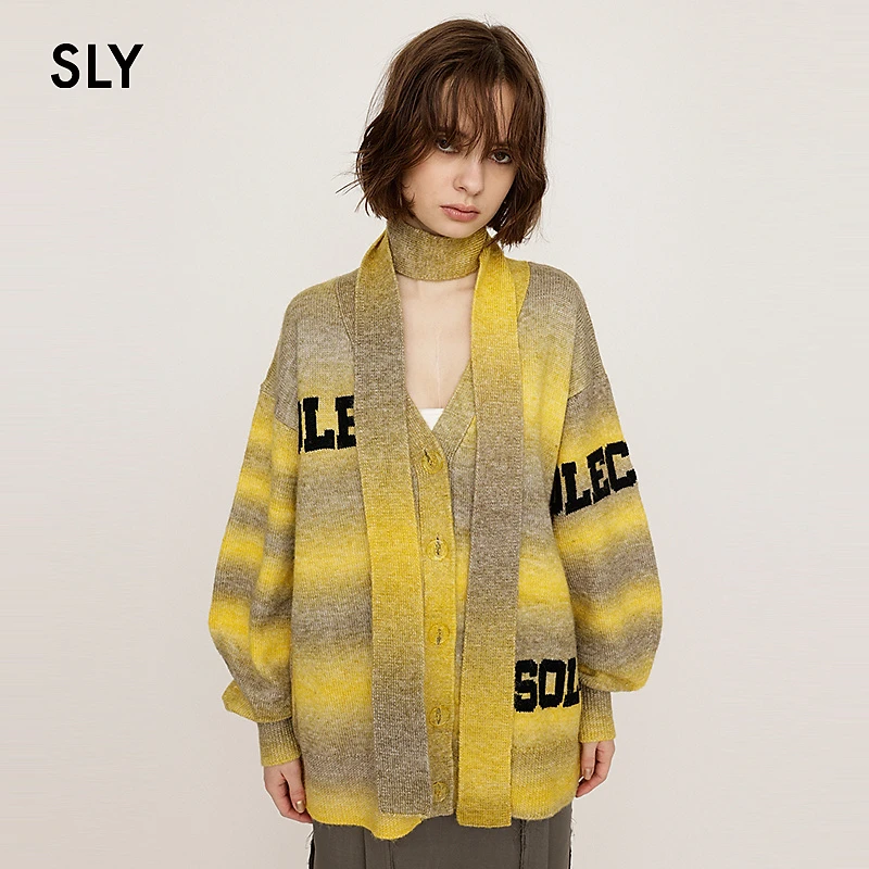 [商场同款新品]SLY25春撞色V领宽松字母毛针织衫女030ISY70-0441