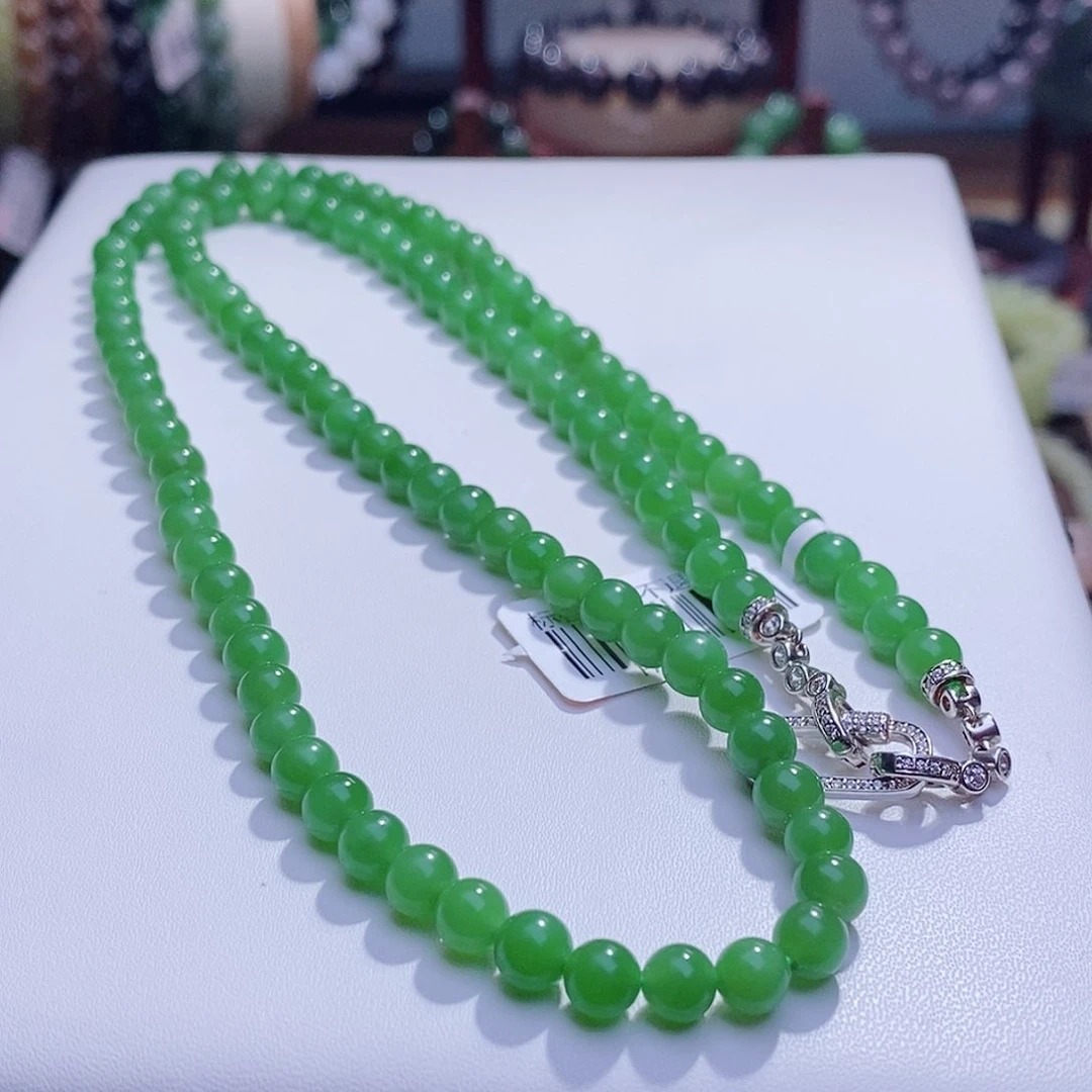 和田玉未镶嵌颈饰收藏级碧玉老矿料高冰粉绿圆珠108珠链6m