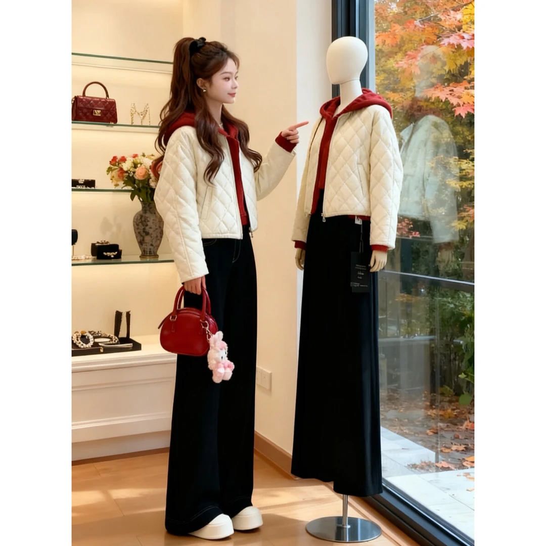 流行时尚女装2025年秋冬时髦减龄菱形格棉衣棉服外套阔腿裤三件套