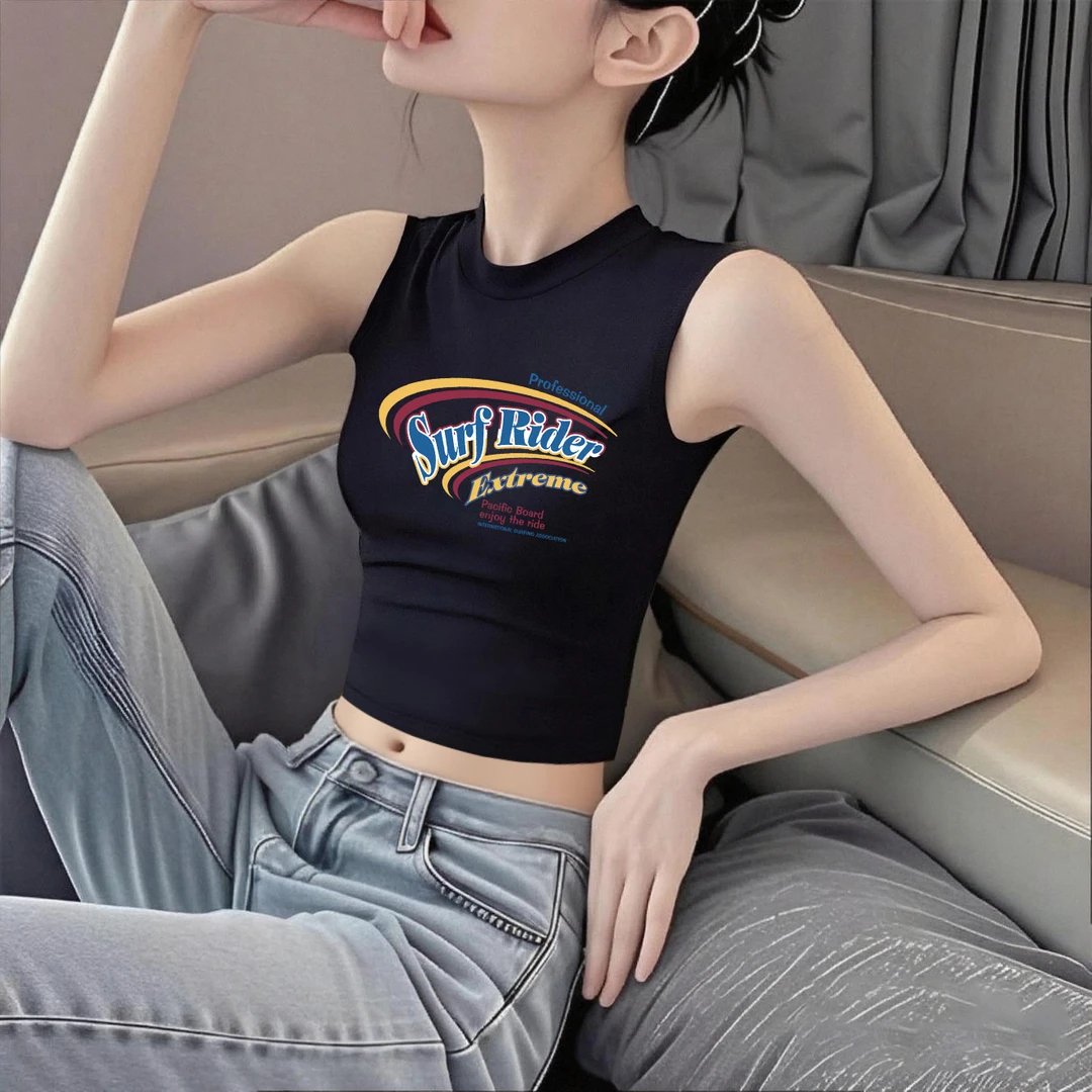 半高领无袖印花背心女短款2025夏季新款辣妹外穿早秋打底小众t恤