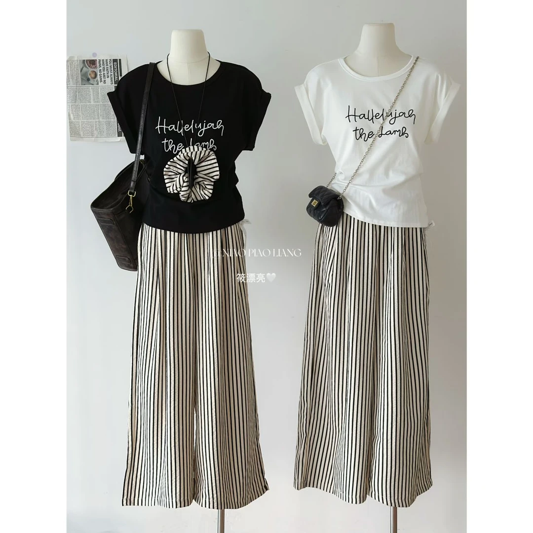 夏季时尚慵懒风小众简约百搭设计感条纹休闲裤女1512-2#0.1