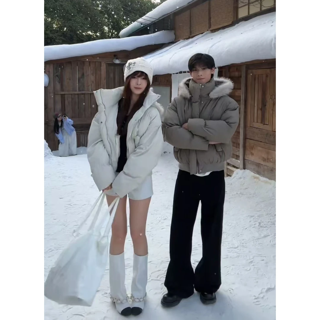 短款毛领立领厚款保暖棉衣宽松冬季时尚皮棉服情侣百搭可脱卸帽