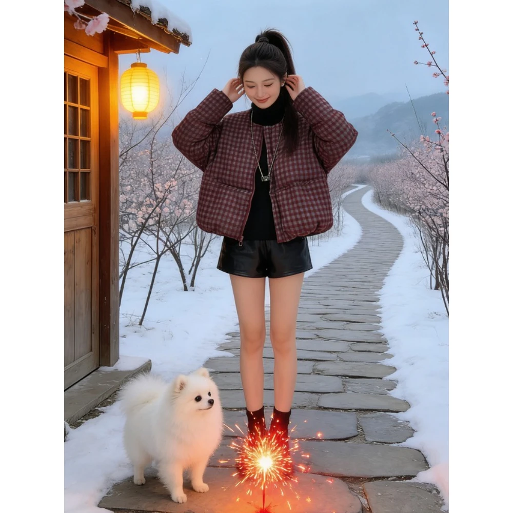 兹伊翰【复古美学】韩系百搭宽松格纹棉服女士2025冬季新款时尚棉衣