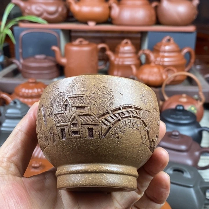 紫砂茶壶主杯200cc厚矿粗砂降坡泥镂空雕刻特价