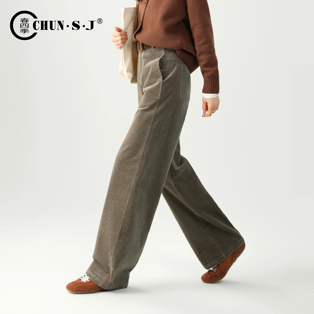 2025冬季新款灯芯绒直筒裤老钱风高腰阔腿裤女条绒休闲裤宽松长裤