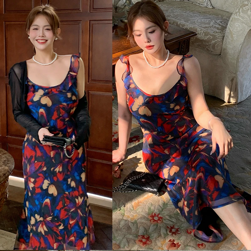 大码女装高级感收腰斜裁鱼尾吊带雪纺连衣裙胖mm雪纺包臀裙2034