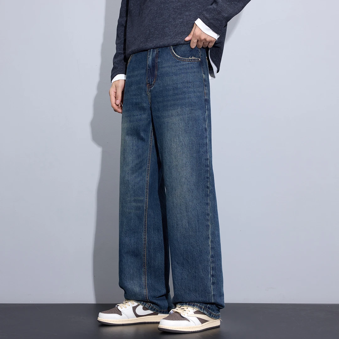 Kuvine2025宽松直筒牛仔裤男士秋季新款美式复古水洗磨边百搭长裤