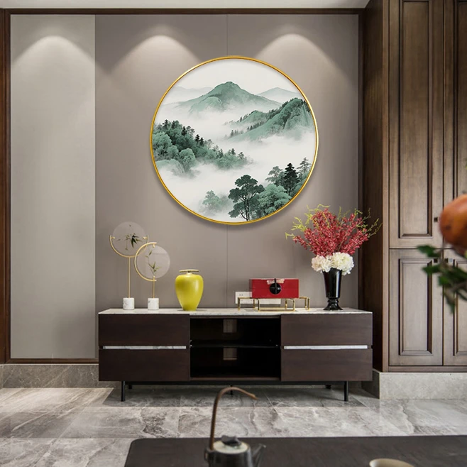【高质】福居宝地圆形挂画水墨山水新中式玄关装饰画餐厅过道茶室画