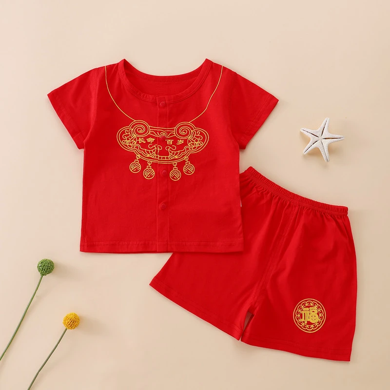 婴儿红色夏季新款两件套短裤短袖套装唐装抓周服喜庆百天满月服D