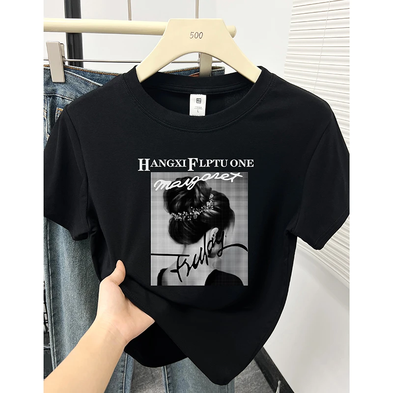 正肩短袖t恤女夏季2025新款时髦圆领个性人物印花显瘦半袖上衣潮