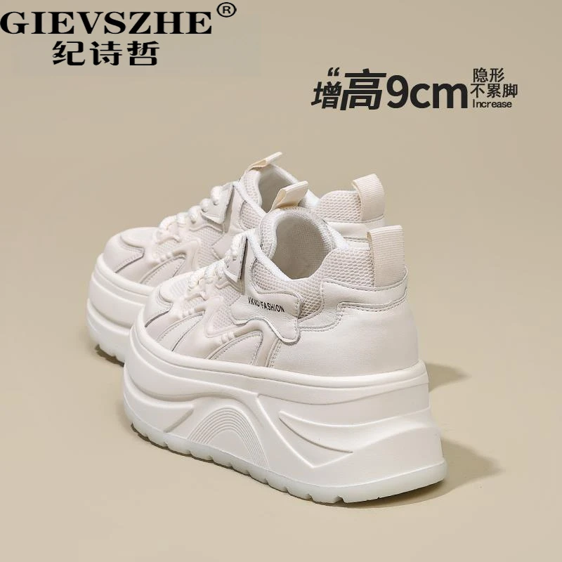 纪诗哲厚底小白鞋女款2025春季新款透气软底9CM增高网面板鞋女款
