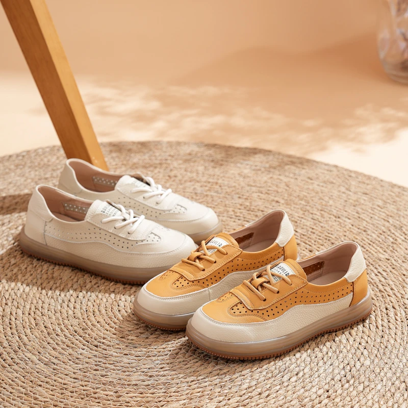 头层牛皮2025夏季新款小白鞋女镂空休闲单鞋百搭平底套脚橡胶软底