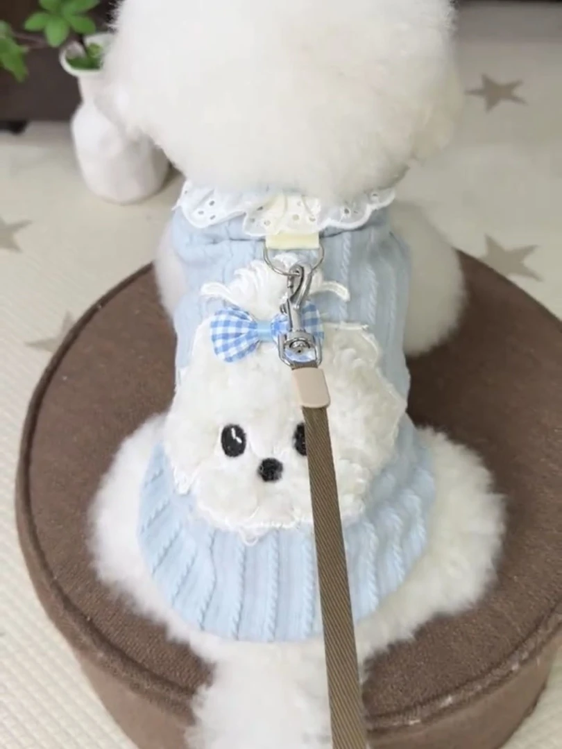 秋冬薄款立体小狗磨毛可爱狗狗猫咪背心带牵引扣吉娃娃小型犬衣服