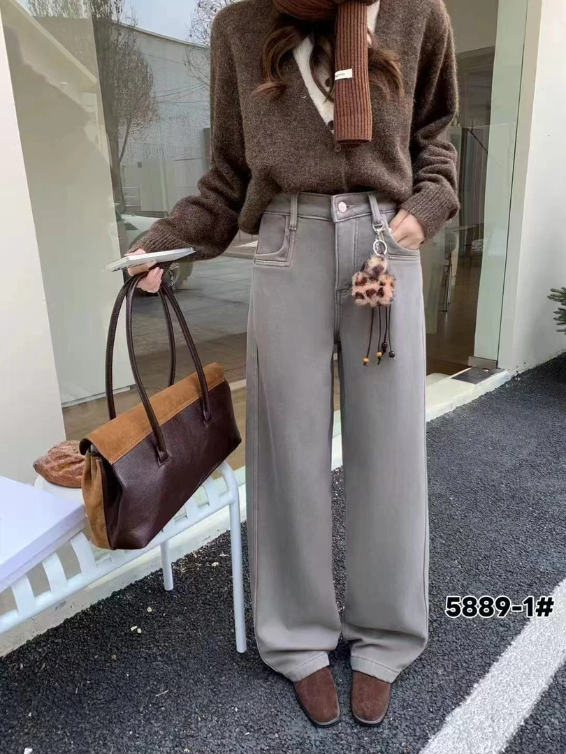 【5889】贝#高腰加绒直筒宽松牛仔裤【配皮带】