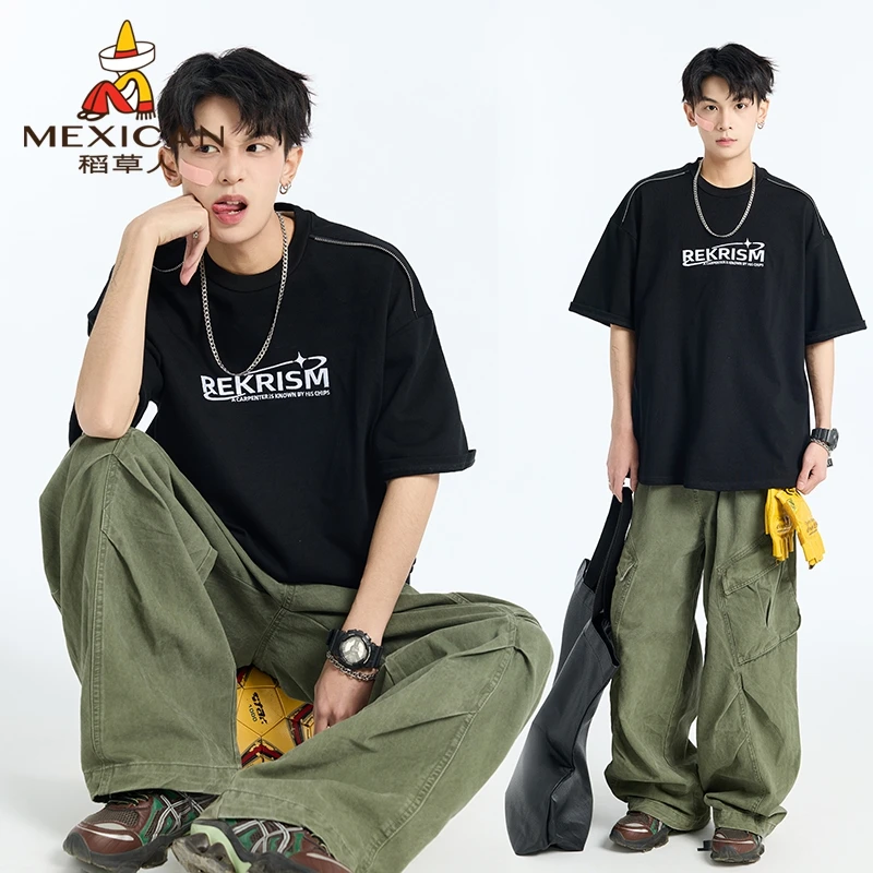 Mexican/稻草人刺绣短袖T恤男夏季新款重磅纯棉宽松上衣潮牌男生