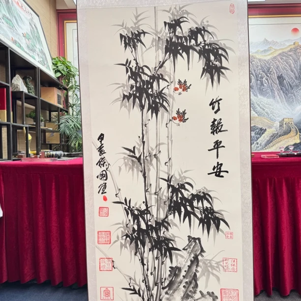 汪保国-竹报平安-墨竹-竖轴