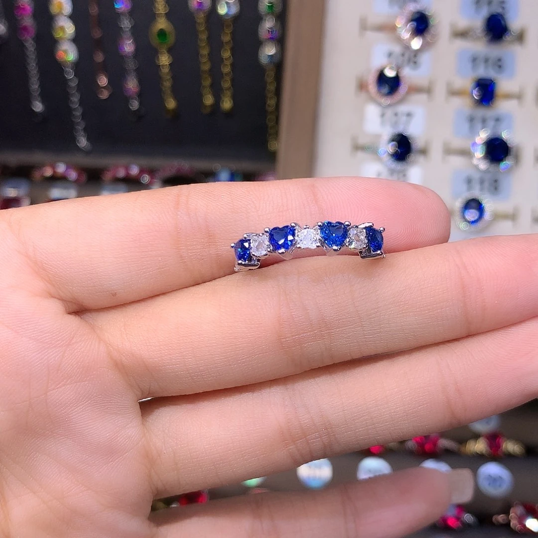 蓝宝石戒指银S925镶嵌白