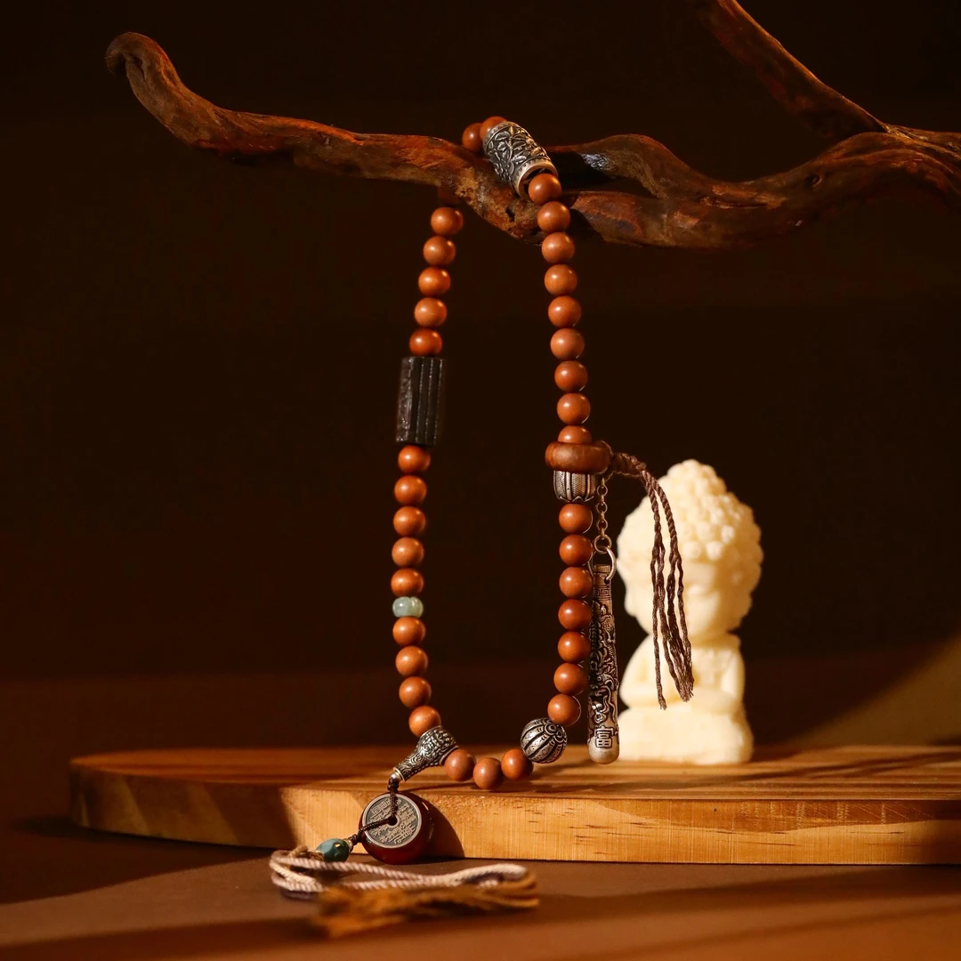 925银木质手链 S11779 山鬼花钱红色平安扣龙柱多层手链手持