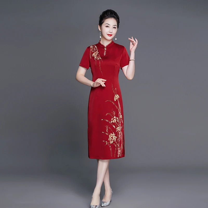 2025夏天薄款结婚妈妈装缎面短袖婚宴礼服喜婆婆婚礼喜庆旗袍喜服